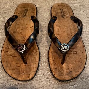 Michael Kors Brown Cork Footbed Flip Flops with Tortoiseshell Straps